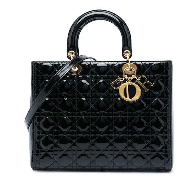 Black Dior Large Patent Cannage Lady Dior Satchel in Black Patent leather from Designer Revival