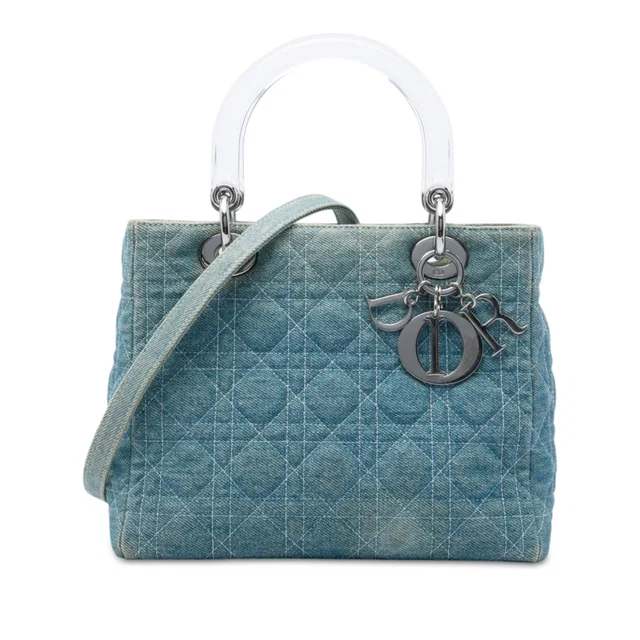Blue Dior Medium Denim Cannage Acrylic Handles Lady Dior Satchel in Blue Denim from Designer Revival