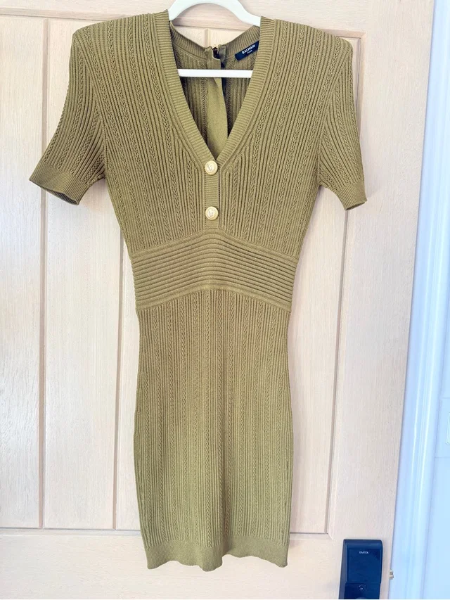 Balmain Military Green Ribbed V-Neck Knit Mini Dress in green from Poshmark