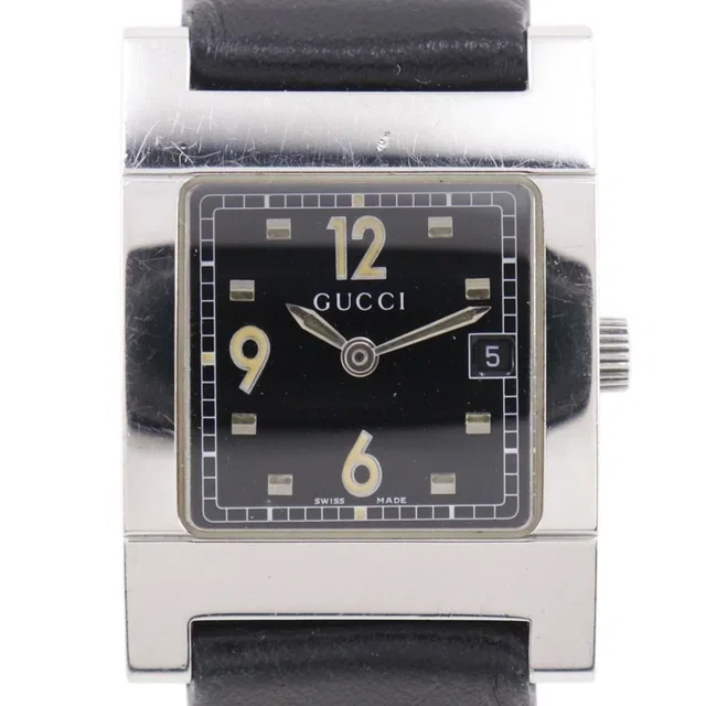 Gucci Stainless Steel Leather Quartz Analog Display Black Dial Watch in Black Leather from The Reluxe