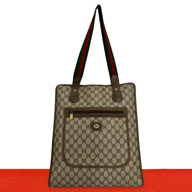 Gucci Vintage Sherry Line GG Logo Pattern Leather Tote Bag Brown Red Green in Brown Leather from The Reluxe