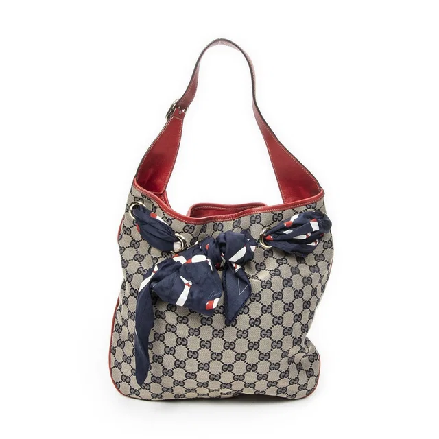 Gucci Small Positano Hobo Beige Red Navy GG Canvas in Beige Canvas from The Reluxe