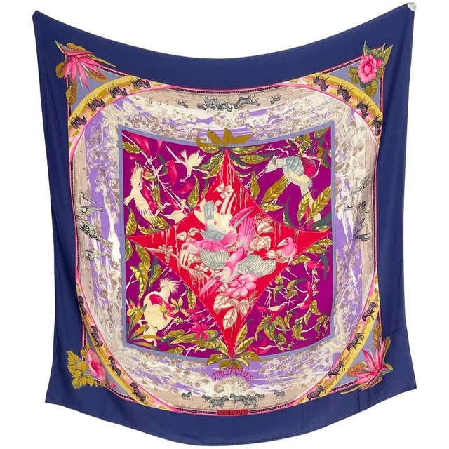 Hermès Carre 140 Tropiques Tropical Floral Bird Pattern Shawl Scarf Cashmere in Cashmere from The Reluxe