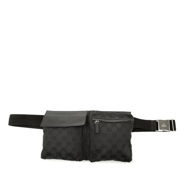 Black Gucci GG Canvas Double Pocket Belt Bag in Black Canvas from Designer Revival