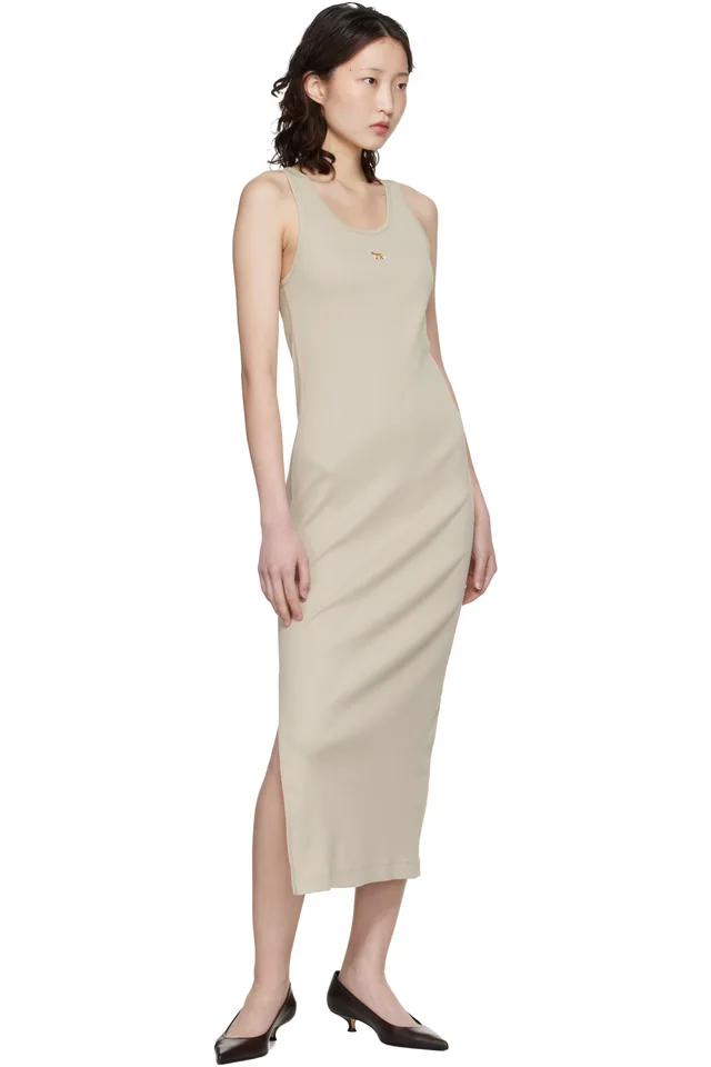 Maison Kitsuné Beige Baby Fox Ribbed Tank Maxi Dress, photo 4 of 4 from SSENSE