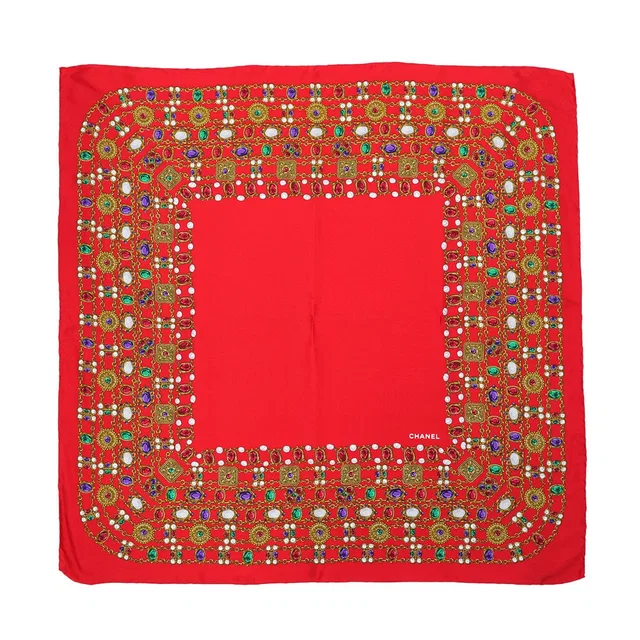 Chanel Vintage Jewelry Pattern Scarf Red Multicolor Silk in Red Silk from Luxury Promise