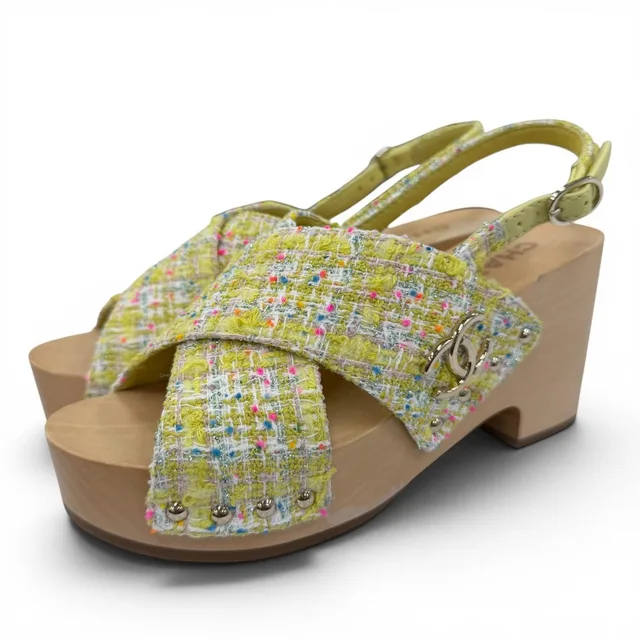 Chanel CC Logo Backstrap Tweed Wedge Sole Sandals Yellow in Yellow Tweed from The Reluxe