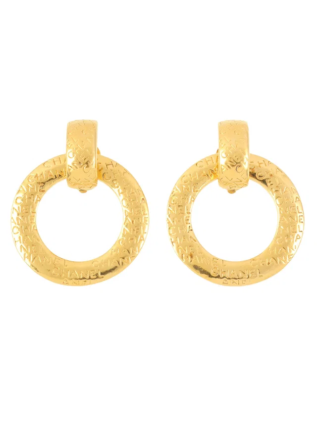 Chanel Logo Hoop Earrings Gold in Gold from VINTAGE QOO TOKYO