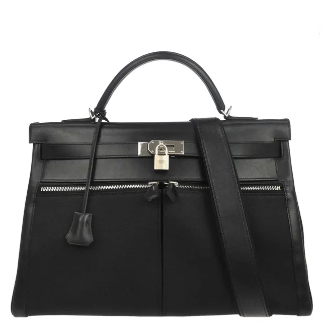 Hermès Black Toile Officier Box Calf Kelly Lakis 40 2way Shoulder Handbag in Black Box leather from AMORE Vintage Tokyo