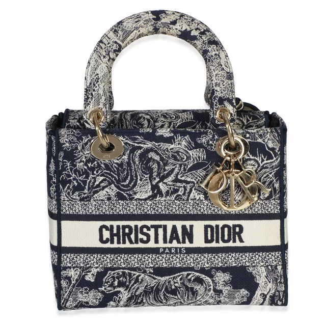 Dior Navy Canvas Toile De Jouy Embroidered Medium Lady D-Lite Blue Handbag in Navy Canvas from HEWI