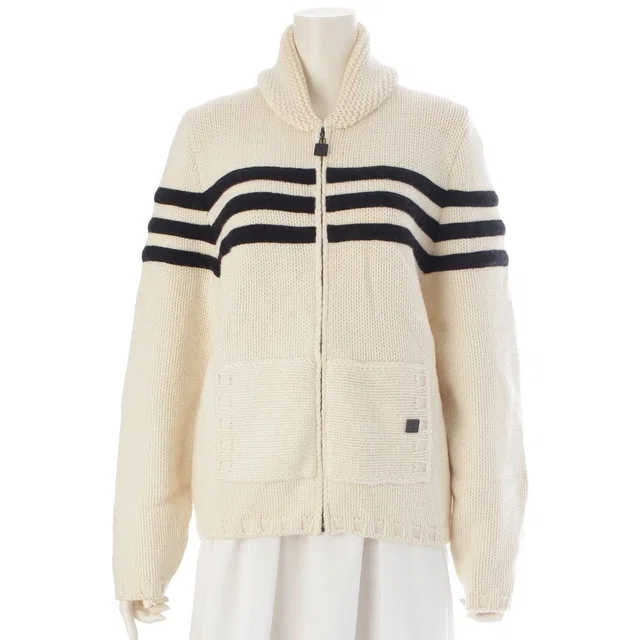 Chanel 06A Wool Cashmere Sports Border Zip Up Knit Top Ivory 40 in White Cashmere from The Reluxe