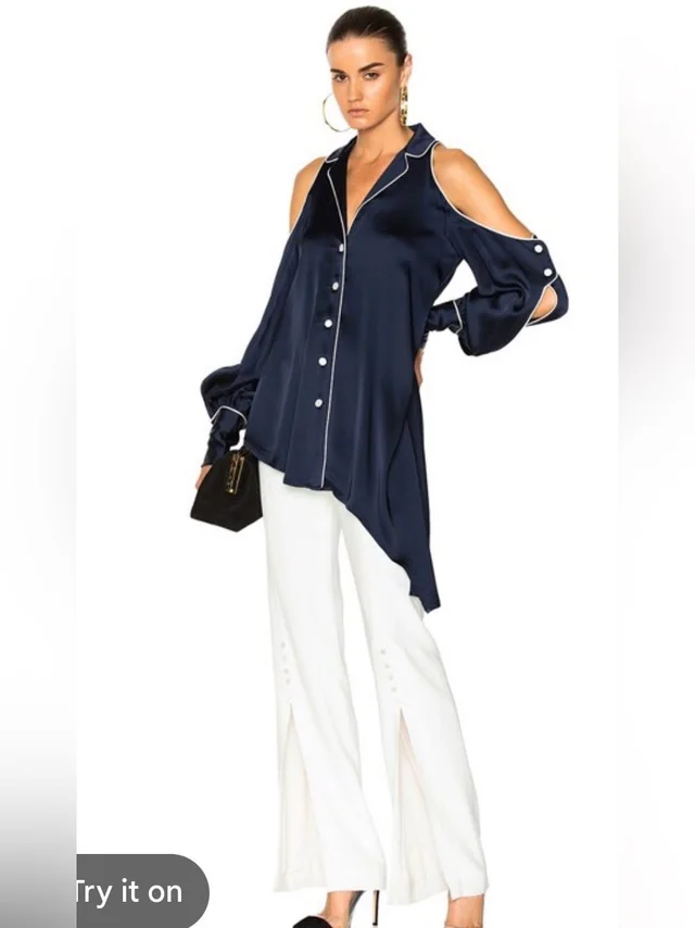 Jonathan Simkhai Black Satin Blouse With White Piping Cold Shoulder Sleeve Xs in black|white Satin from Poshmark