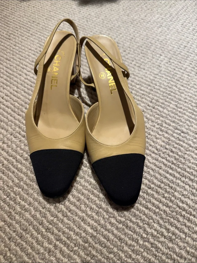 Chanel Beige Leather Slingback Pumps With Black Cap Toe in black|brown|neutral Leather from Poshmark