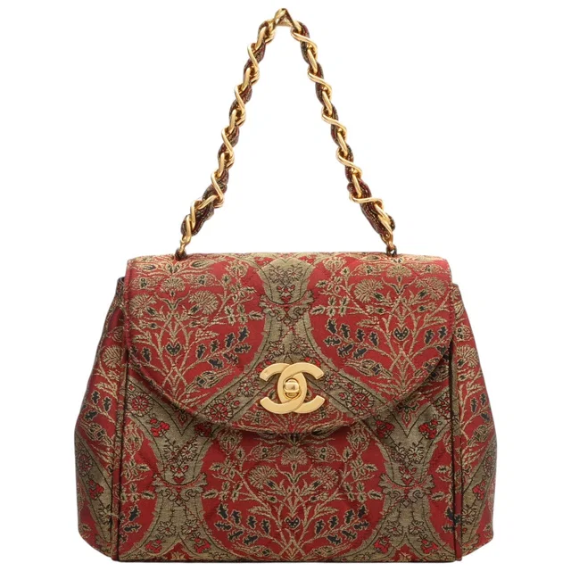 Chanel Circa 1995 Nishijin-ori Matelassé Stitch CC Turn-Lock Handbag Red/Gold in Red Canvas from VINTAGE QOO TOKYO