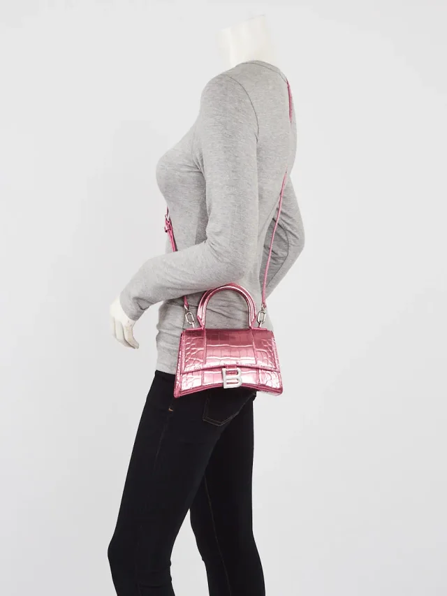 Balenciaga Pink Metallic Croc Embossed Patent Leather Hourglass XS Top Handle Bag in Pink Patent leather from Yoogis, photo 2 of 11