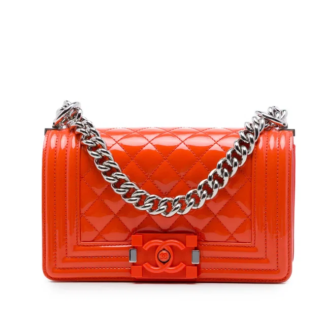 Orange Chanel Small Quilted Patent and Acrylic Boy Flap Crossbody Bag in Orange Patent leather from Designer Revival