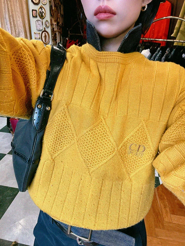 Dior Logo Embroidered Pattern Knitted Sweater #M Yellow in Yellow Wool from VINTAGE QOO TOKYO
