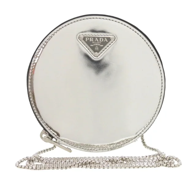 Silver Prada Spazzolato Round Chain Coin Crossbody in Silver Patent leather from Designer Revival