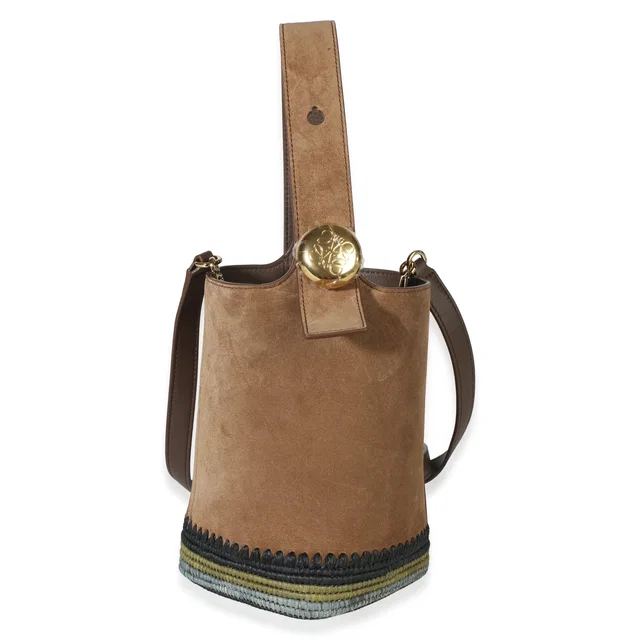 Loewe Brown Suede Raffia Striped Mini Pebble Bucket Bag in Brown Suede from myGemma