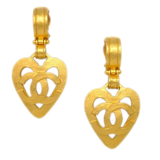 Chanel Dangle Heart Earrings Gold Clip-On 95P in Gold from AMORE Vintage Tokyo