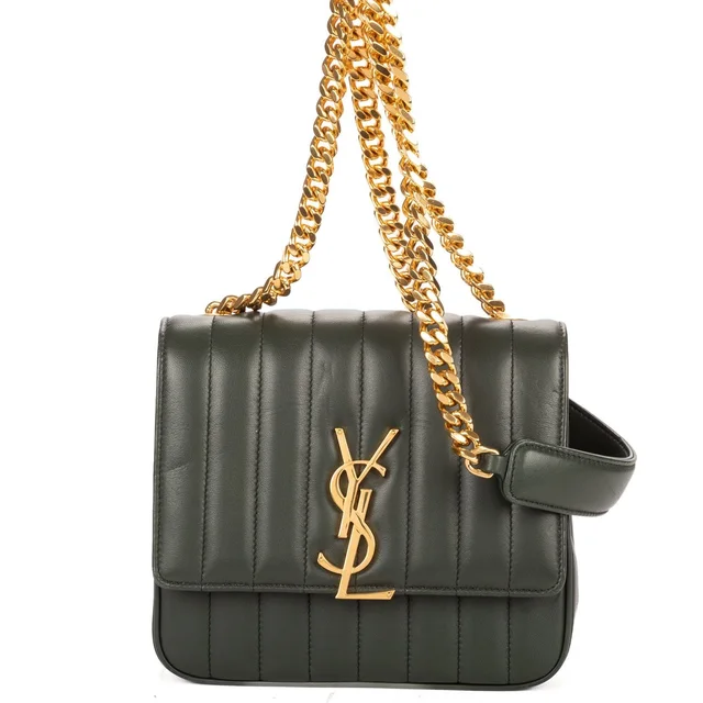 Saint Laurent Small Vicky Chain Flap Bag Crossbody Da Green Matelasse Calfskin in Green Calfskin from The Reluxe