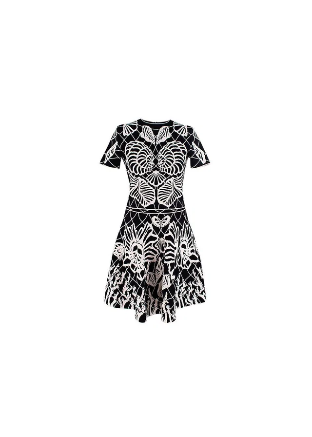 Alexander McQueen Black & White Shell Intarsia Knit Top & Skirt in Black Nylon from HEWI