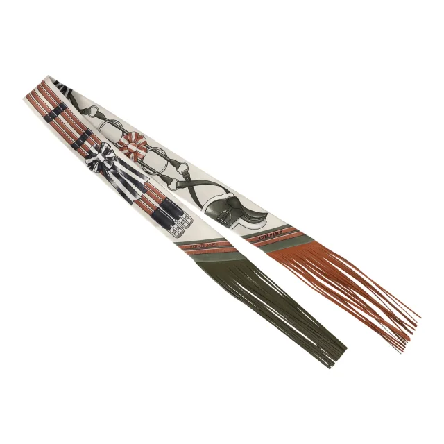 Hermès "Jumping Leather" Crème, Kaki and Beige Dore Fringe Silk Twilly in Multi Silk from Madison Avenue Couture, photo 2 of 4