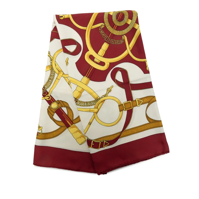 White Hermès Eperon D Or Silk Scarf 90 Scarves in White Silk from Designer Revival