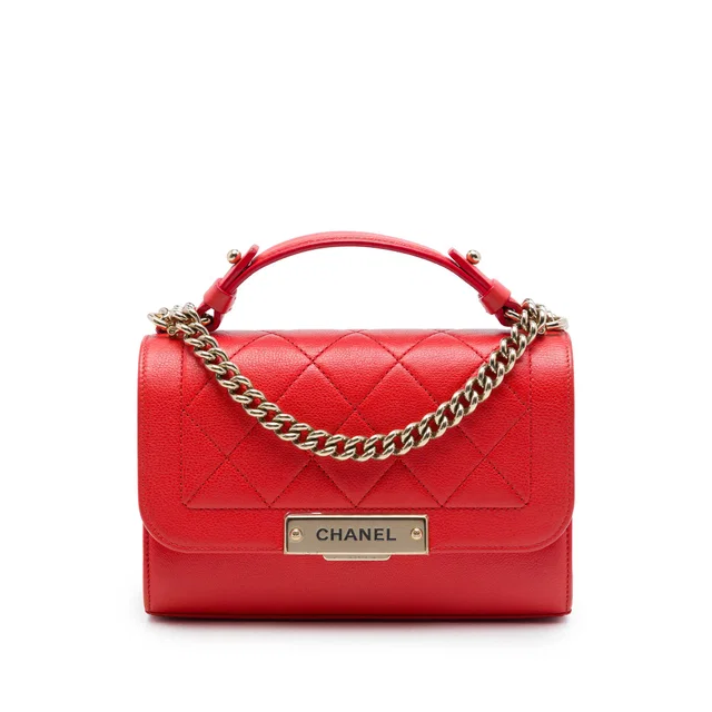 Red Chanel Small Quilted Grained Calfskin Label Click Flap Satchel in Red Caviar leather from Designer Revival