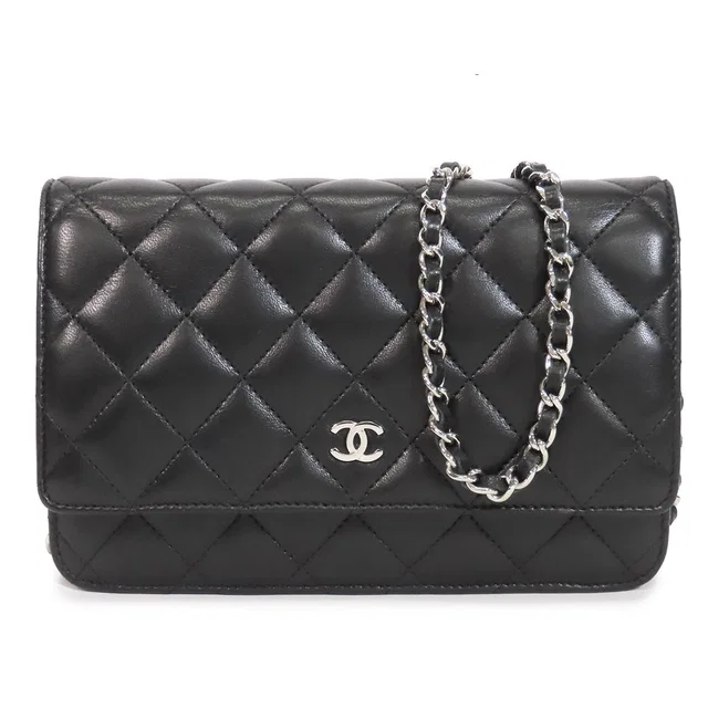 Chanel Chain Wallet Black Silver Lambskin Quilted Pochette Shoulder Bag in Black Lambskin from The Reluxe