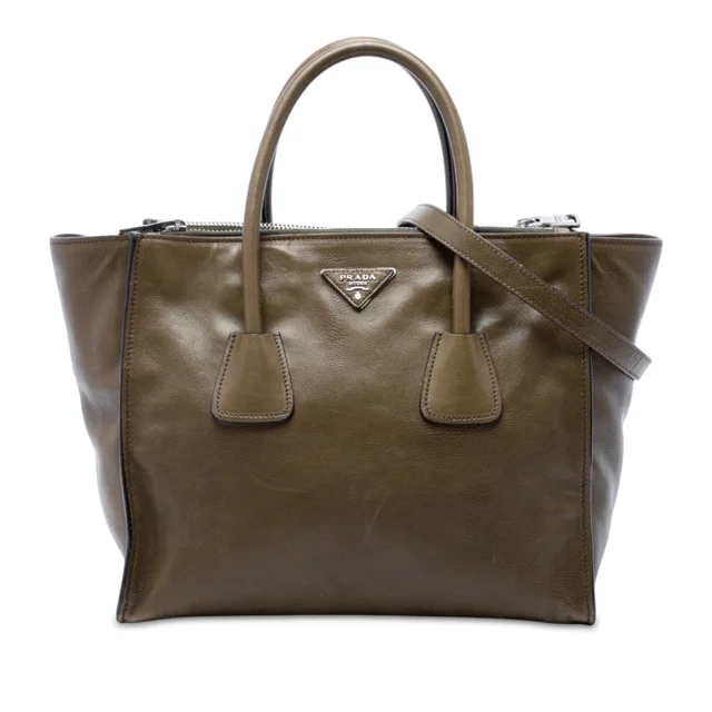 Brown Prada Vitello Daino Twin Pocket Double Handle Satchel in Brown Calfskin from Designer Revival
