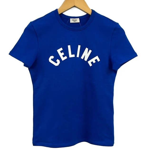 Celine Short Sleeve T-Shirt GG K4 Blue Logo Ribbed Cotton Jersey L in Blue from The Reluxe