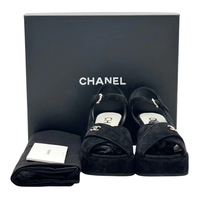 Chanel Black Suede Peep Toe Wedge Sandal - Size 39 in Black Suede from Luxury Promise