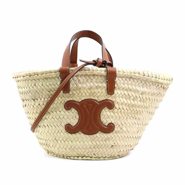 Celine Handbag Basket Bag Triomphe Panier Straw Tan Leather Brown X in brown|red|neutral Raffia from Poshmark, photo 1 of 1