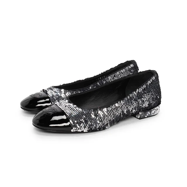 Chanel Sequin Encrusted CC Ballerina Flats 37.5 in Black & Silver from Blue Spinach
