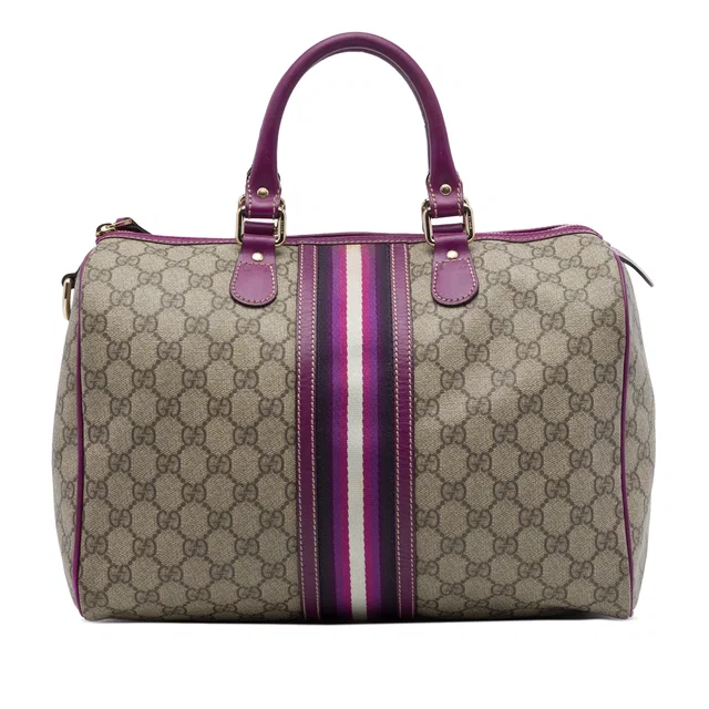 Beige Gucci Medium GG Supreme Joy Web Boston Bag in Beige Coated canvas from Designer Revival