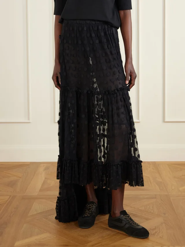DRIES VAN NOTEN Sunia embroidered cotton-blend mesh maxi skirt in black 66% Cotton 34% Polyamide, photo 3 of 5 from NET-A-PORTER (Canada)