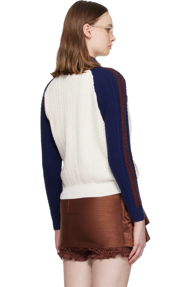 SHUSHU/TONG Off-White & Navy Color-Block Raglan Sleeve Knit Cardigan, photo 3 of 4 from SSENSE