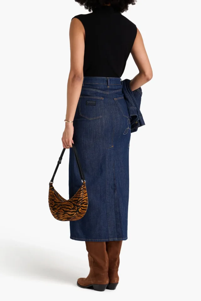 Ganni Appliquéd denim midi pencil skirt in Blue, photo 3 of 4 from THE OUTNET