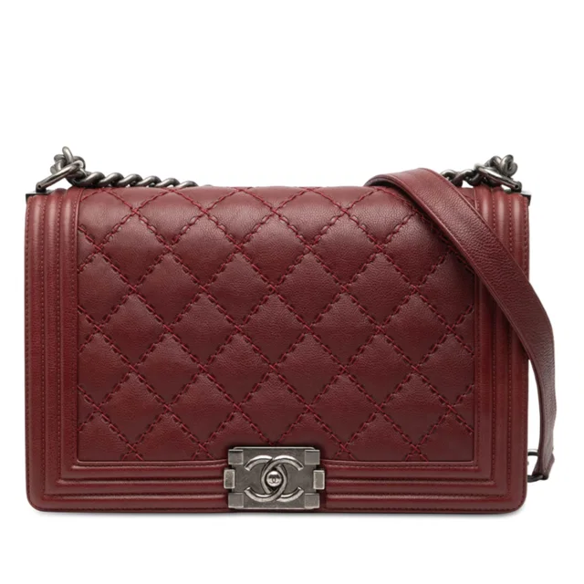 Red Chanel Medium Quilted Lambskin Double Stitch Boy Flap Shoulder Bag in Red Lambskin from Designer Revival