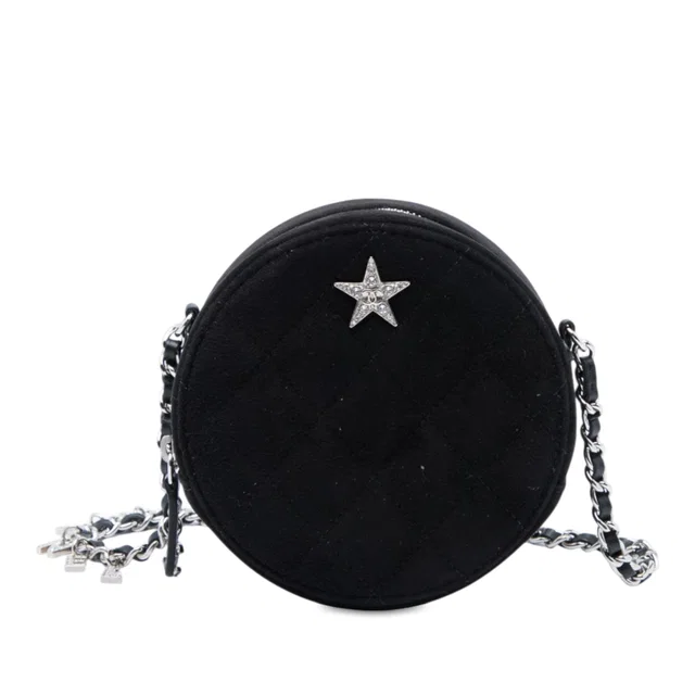 Black Chanel Quilted Suede Cocostellar Round Clutch with Chain Crossbody Bag in Black Suede from Designer Revival