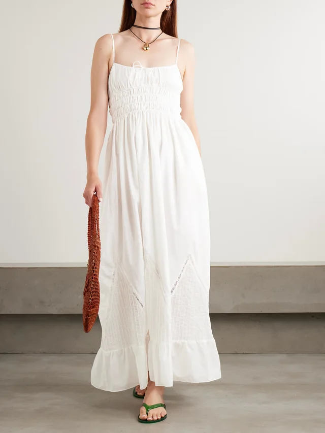 FAITHFULL Meline lace-trimmed pintucked shirred cotton-voile maxi dress in White, photo 2 of 2 from NET-A-PORTER (Canada)