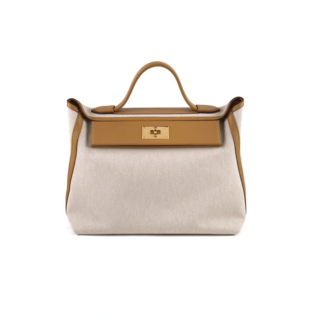 Hermès 24/ 35 Toile and Swift Ecru/ Sesame Z Stamp in Swift leather from The Purse Affair