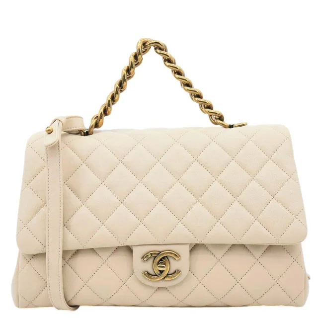 Chanel Trapezio Flap Large Quilted Sheepskin Leather Crossbody Bag Beige in Beige Leather from Dallas Designer Handbags
