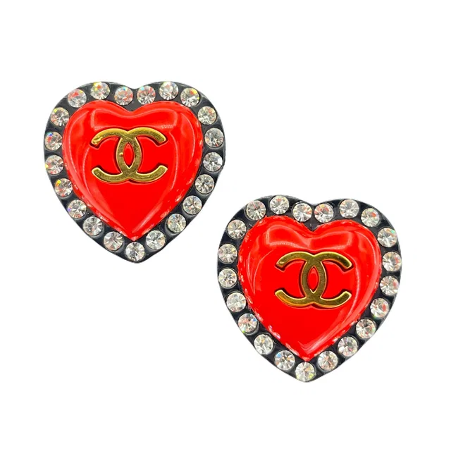 Chanel Vintage Earrings Heart Rhinestone Cocomark Red Accessory 95P in Red from Luxury Promise