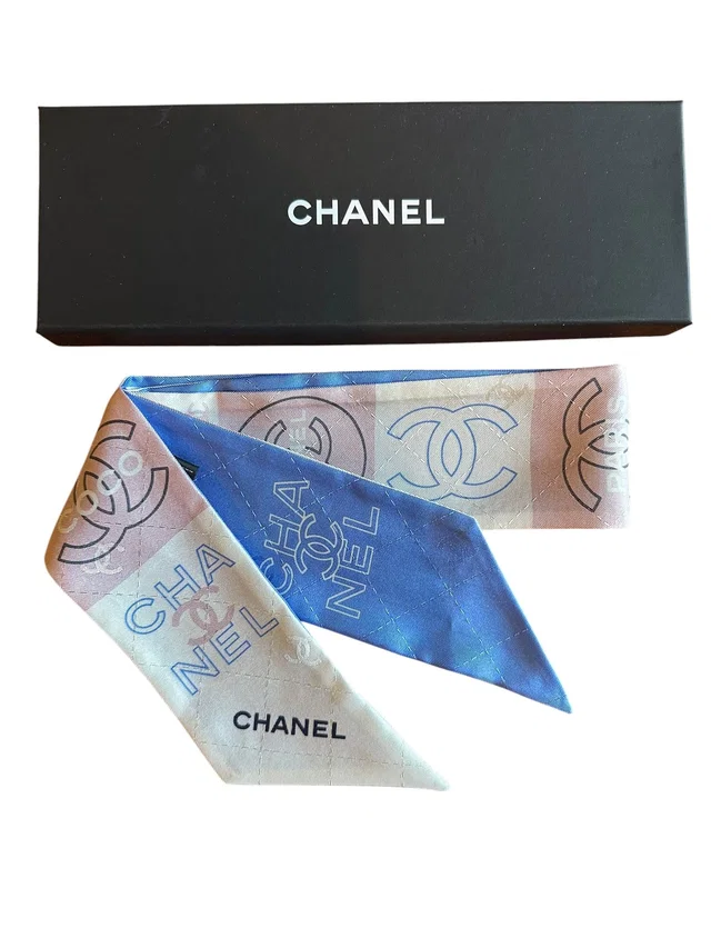 Chanel Blue, Pink & White Logo Long Twilly - In Box in White from Luxury Promise