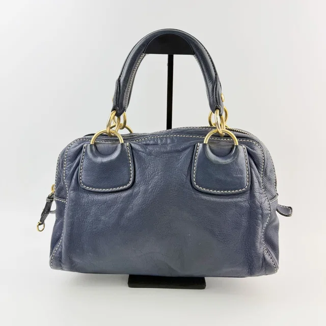 Miu Miu Ring Handle Contrast Stitch Mini Boston Bag Leather Navy Gold Vintage in Navy Leather from The Reluxe