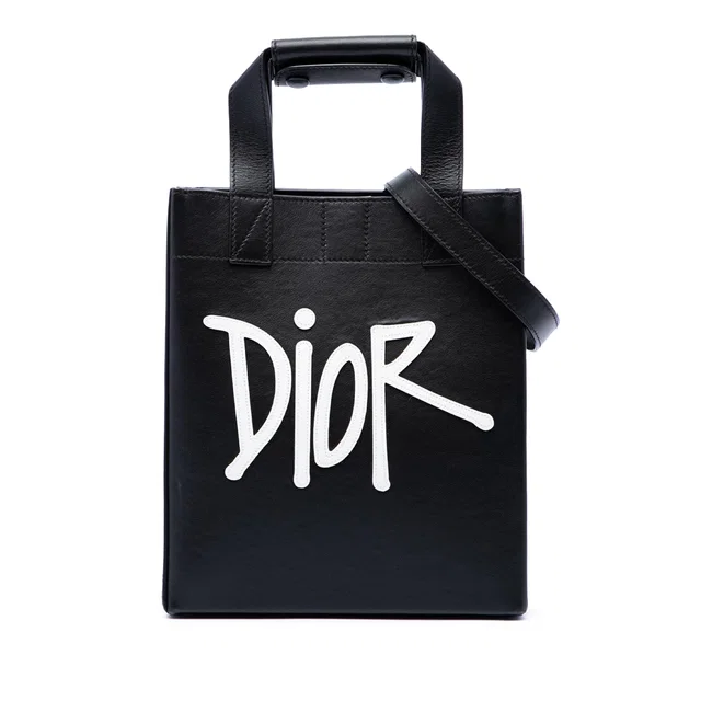 Black Dior Stussy Small Logo Applique Tote Satchel in Black Leather from Designer Revival