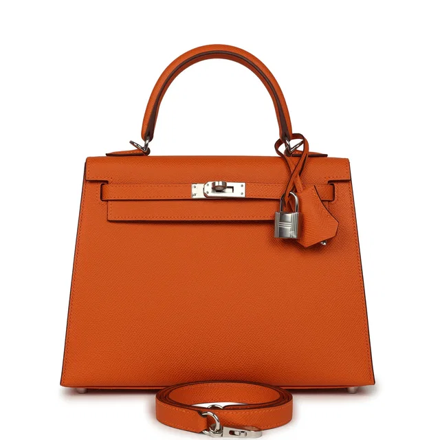 Hermès Kelly Sellier 25 Orange Epsom Palladium Hardware in Orange Epsom leather from Madison Avenue Couture