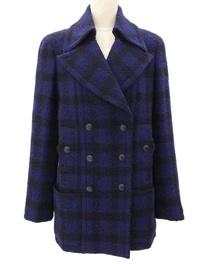 Chanel 1996 Checked Pattern CC Mark Button Double Breasted Jacket #38 Navy/Black in Black Wool from VINTAGE QOO TOKYO